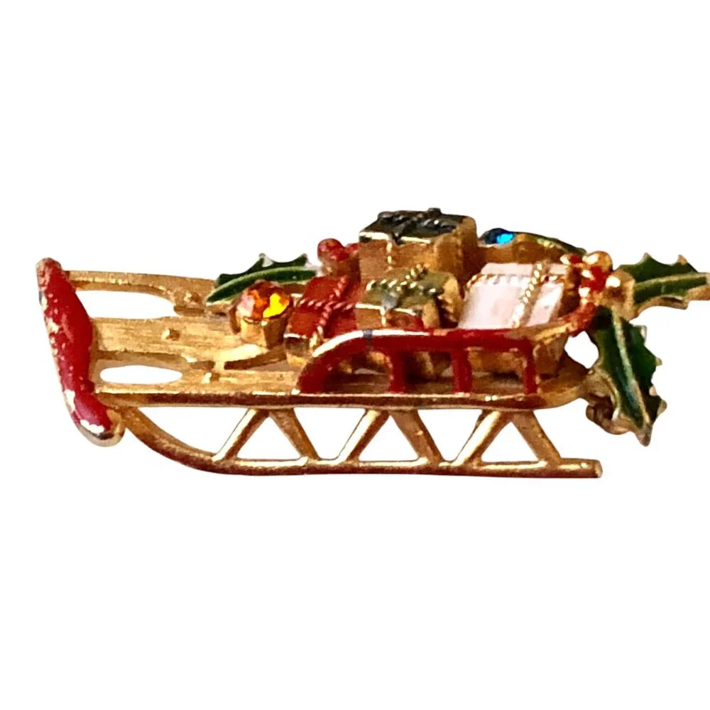 Weiss Christmas Sled Brooch Pin Rhinestones Enamel Gifts GoldTone Vintage Signed